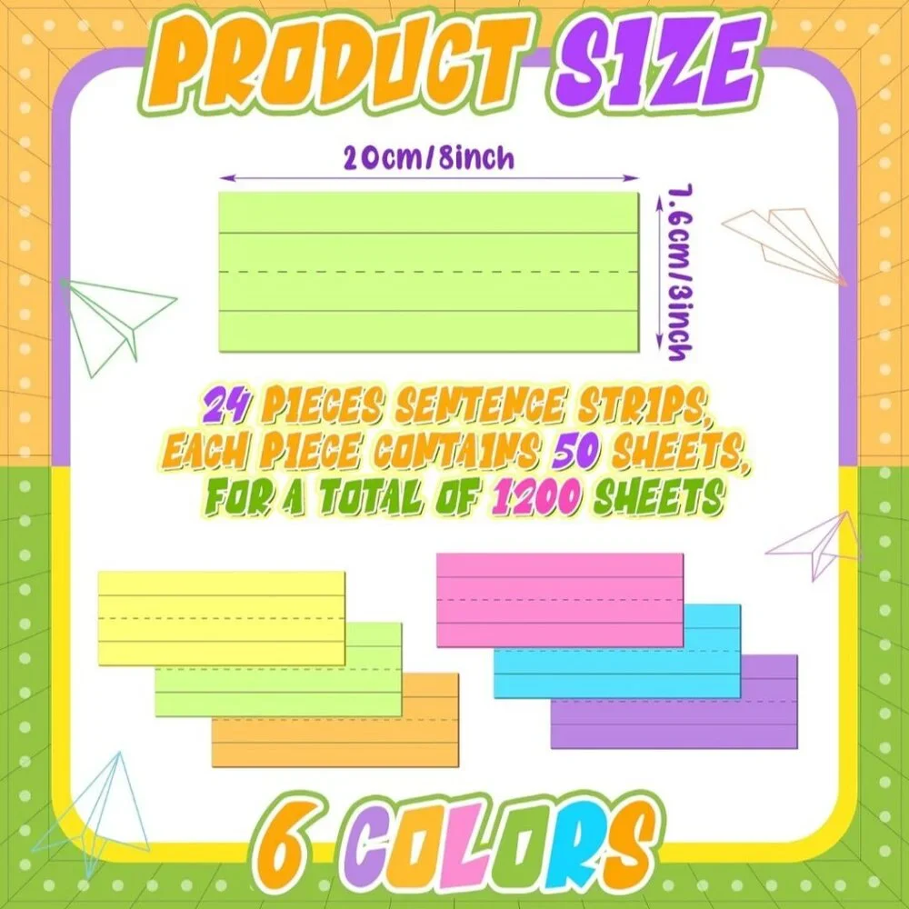 1200 Sheets Sentence Strips for Teachers 3 x 8 Inch Paper Word Strips Rainbow